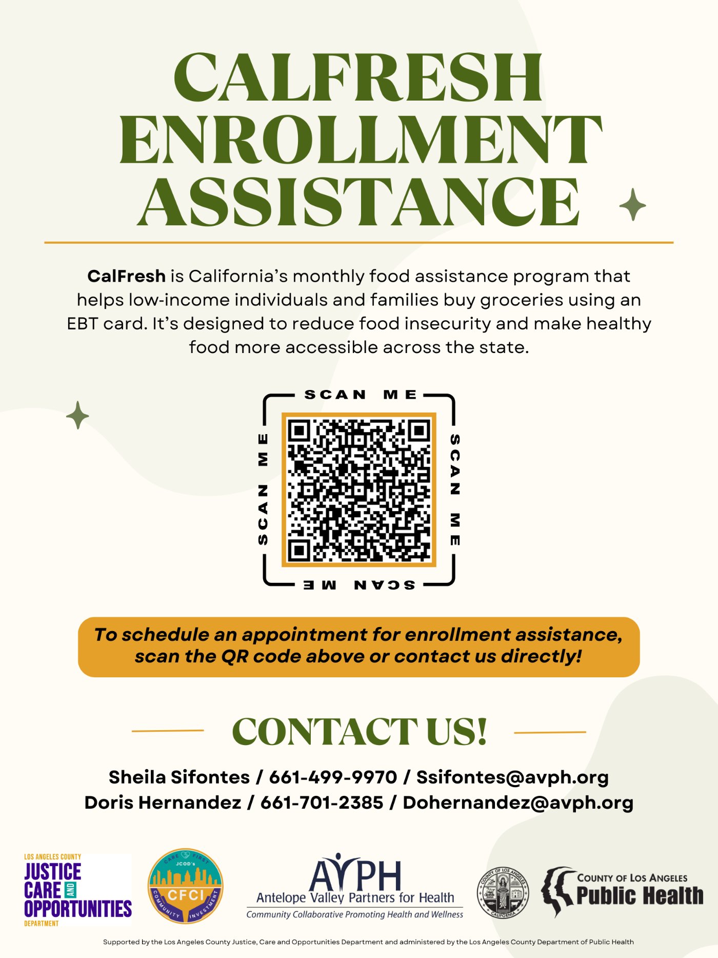 CalFresh Enrollment Assistance flyer with a QR code to schedule an appointment and contact information