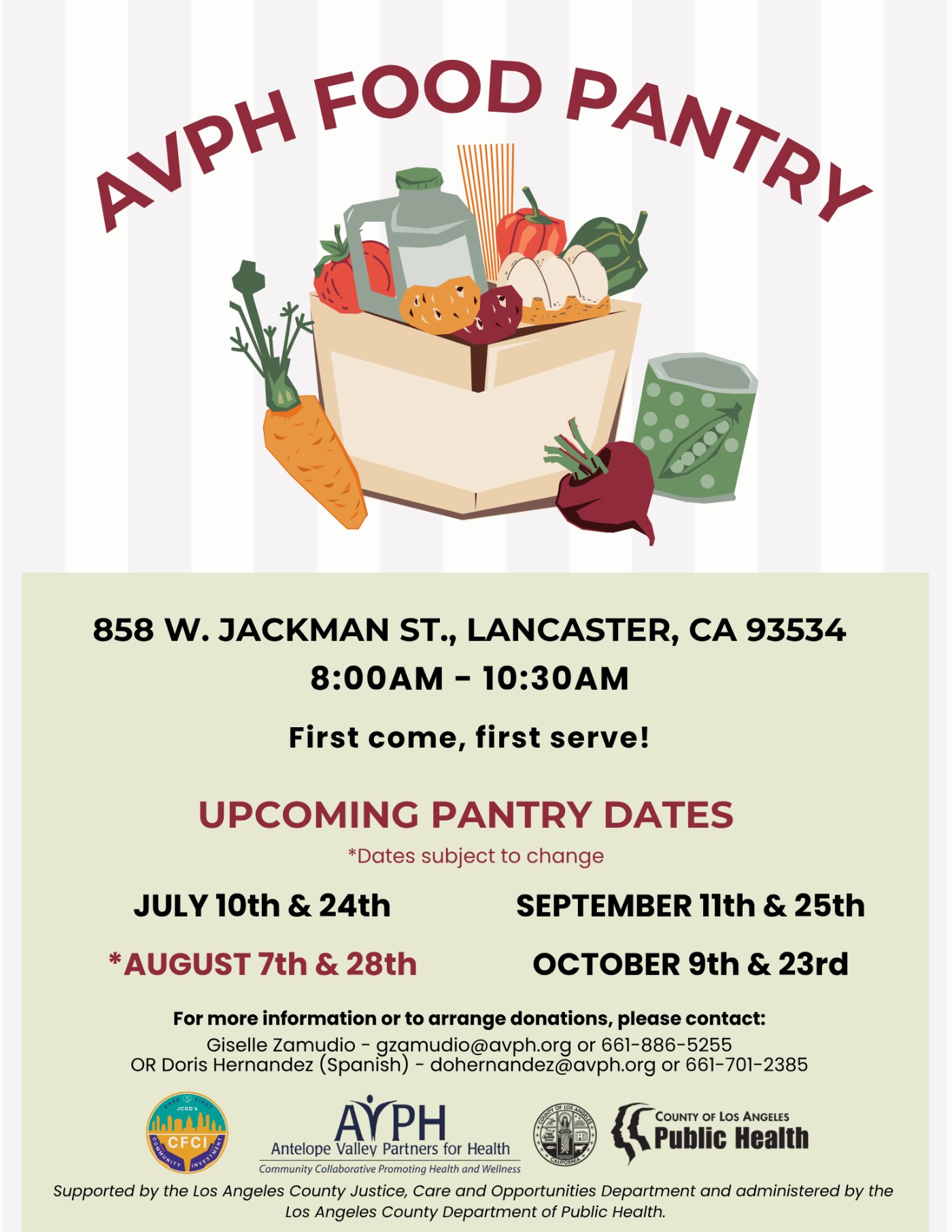 AVPH Food Pantry flyer: 858 W. Jackman St., Lancaster, 8:00 AM to 10:30 AM, first come first serve, with upcoming pantry dates
