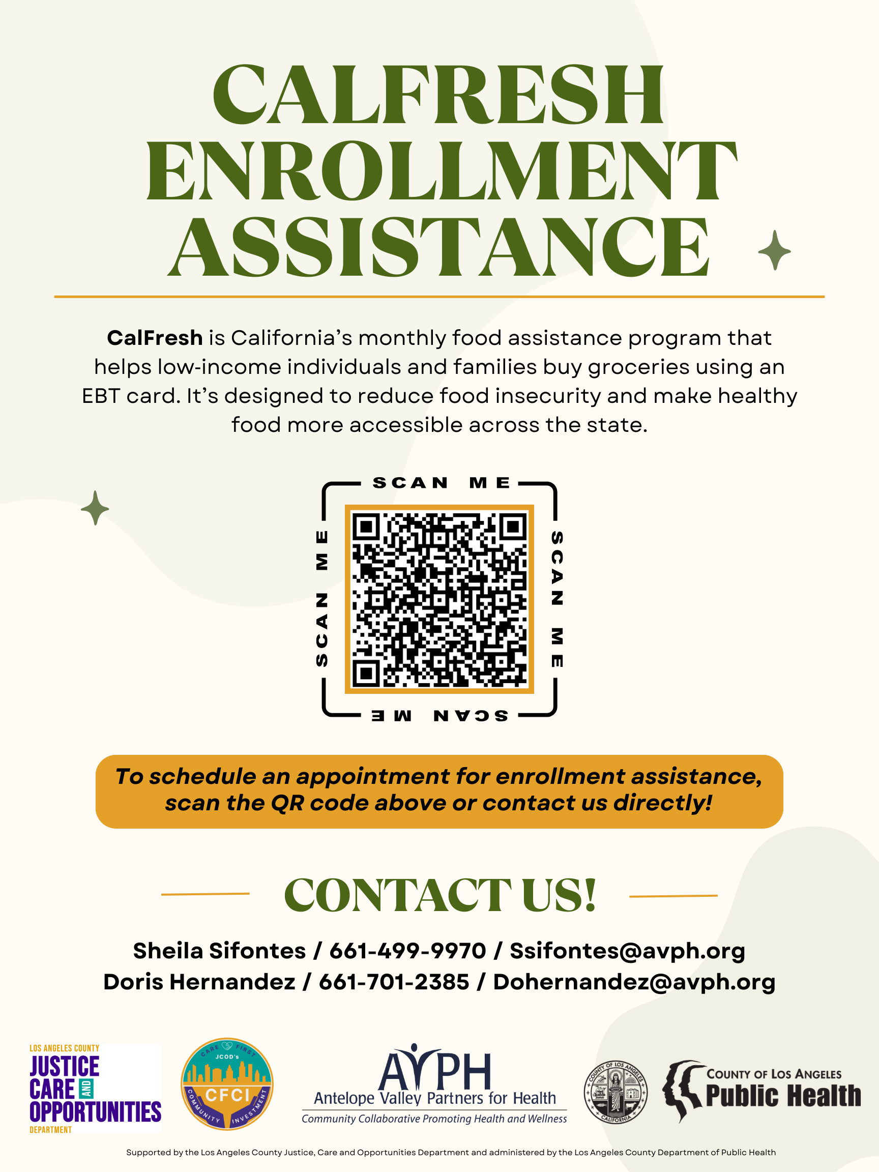 CalFresh Enrollment Assistance flyer with a QR code to schedule an appointment and AVPH contact information.