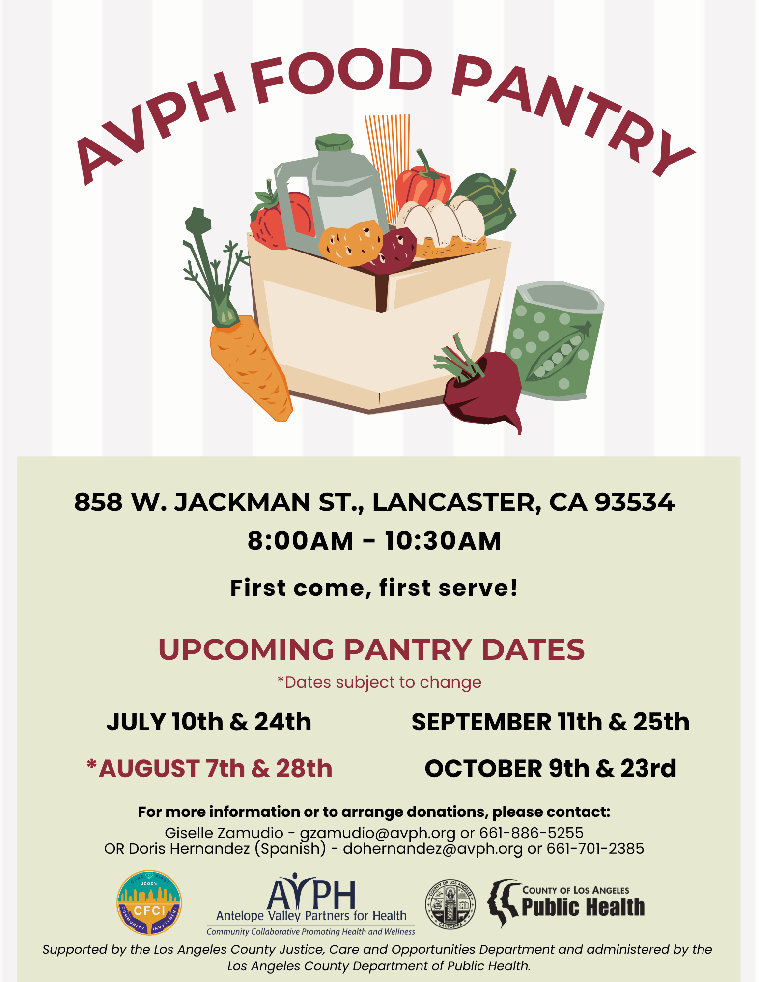 AVPH Food Pantry flyer: 858 W. Jackman St., Lancaster, 8:00–10:30 AM, first come first serve, with upcoming pantry dates.