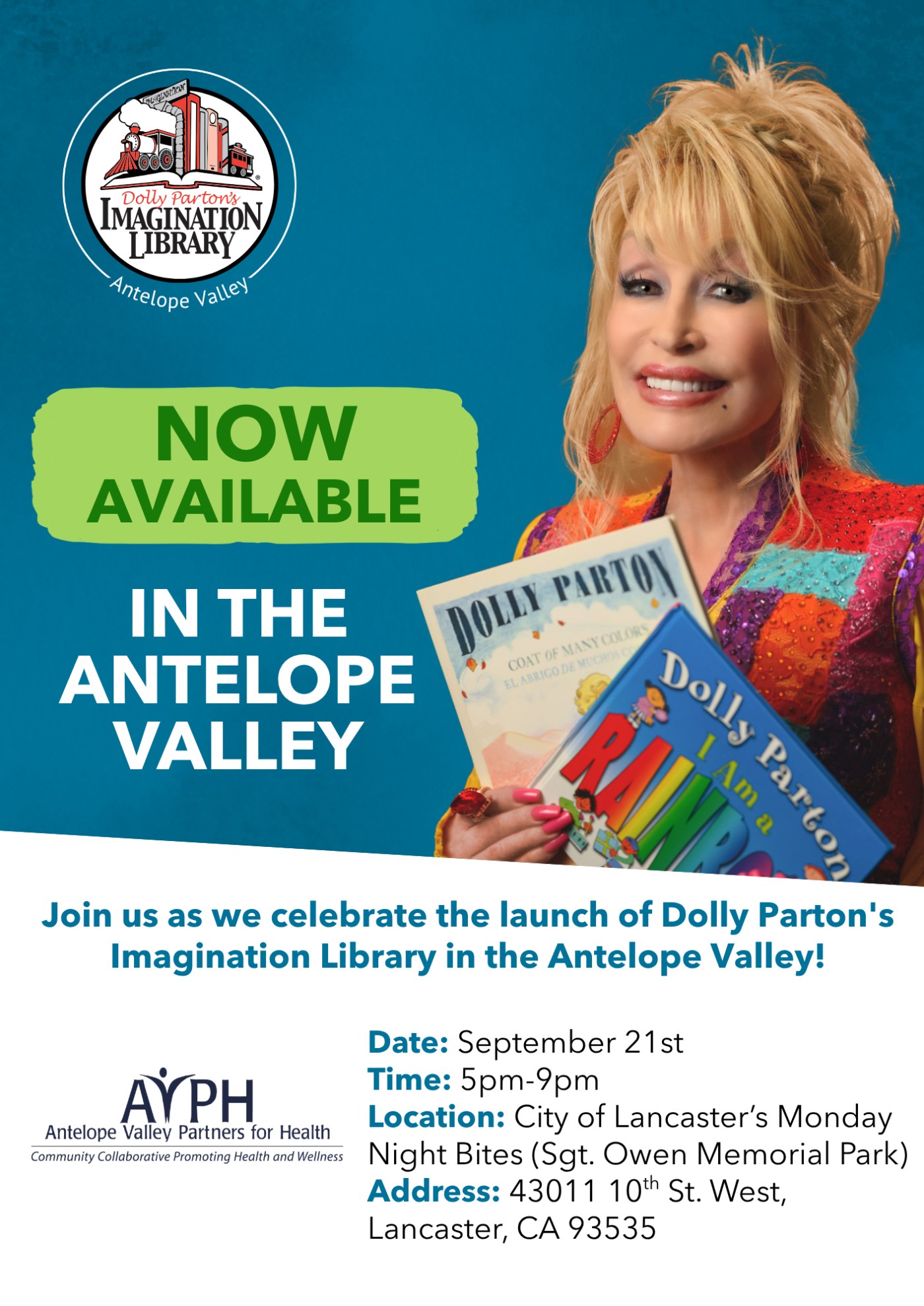Dolly Parton's Imagination Library — Now available in the Antelope Valley. Launch celebration flyer, September 21st, 5–9pm at Sgt. Owen Memorial Park.